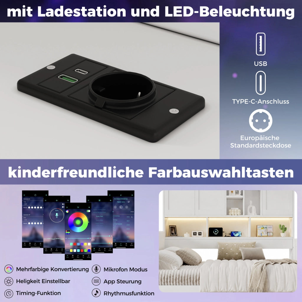 LETTO 90x200 cm Bianco con LED, USB, cassetti e vani contenitore