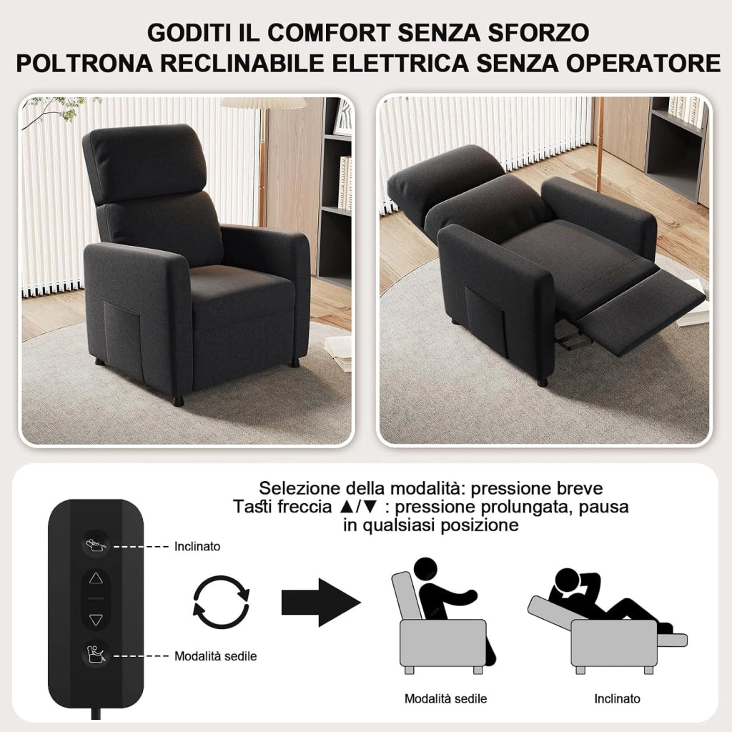 Poltrona Relax Elettrica, Ergonomica Reclinabile 90°-165°, Poltrona Reclinabile con Schienale e Poggiapiedi Regolabile, Poltrone per Soggiorno/Ufficio, con Tasconi Laterali, Grigio