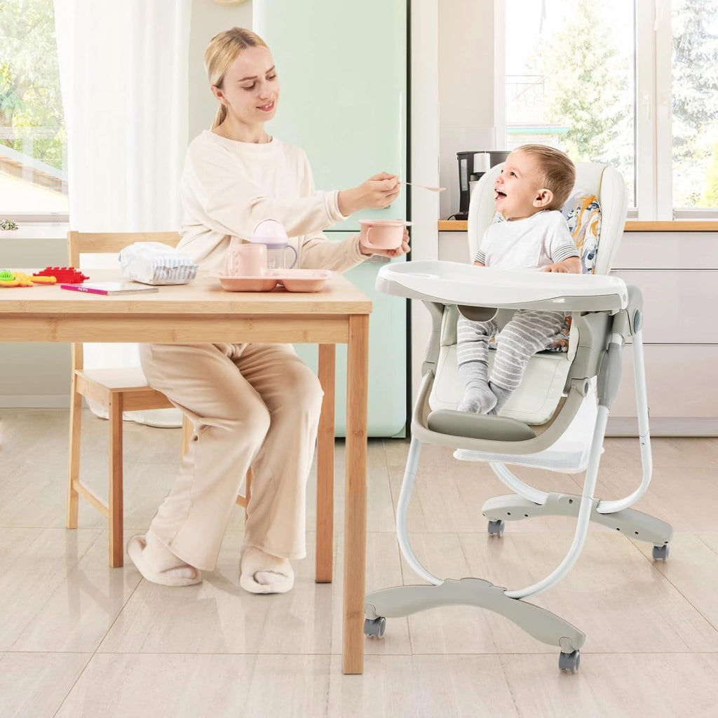 Seggiolone Pappa per Bambini e Neonati, Seggiolone Pieghevole Multifunzione con Ruote, Altezza Regolabile, Poggiapiedi e Schienale, Vassoio Rimovibile, per 6-36 Mesi (Bianco)