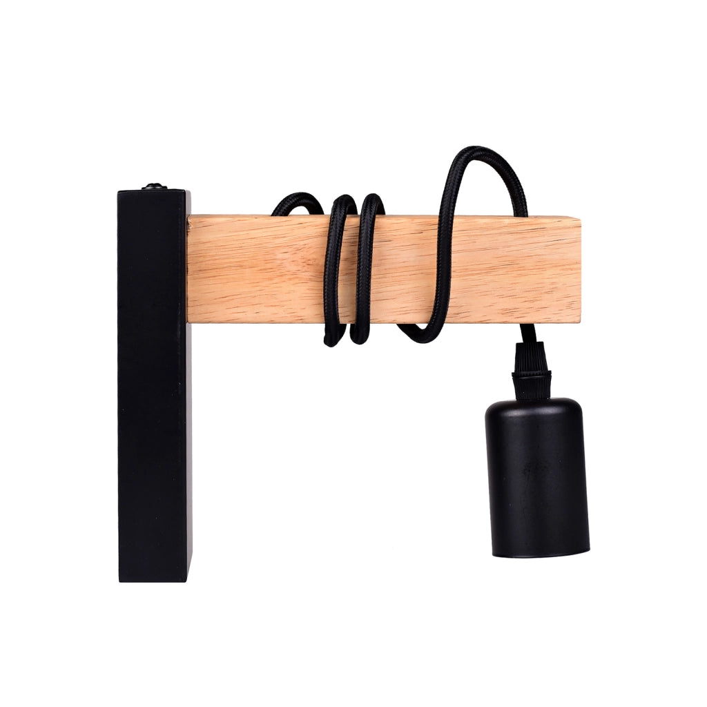 APPLIQUE DA PARETE IN METALLO NERO CON ATTACCO E27 - DESIGN INDUSTRIALE CON CORPO IN LEGNO IDEALE PER ILLUMINAZIONE INTERNA
