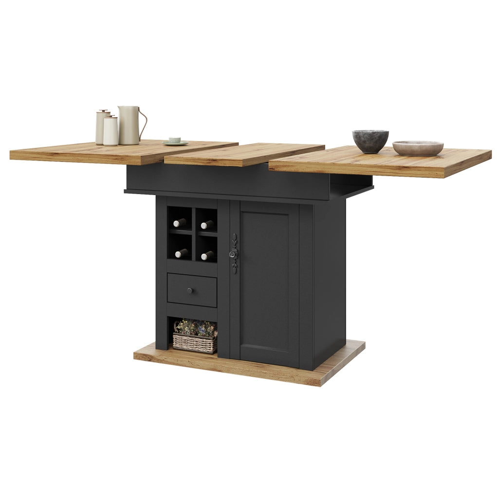 Tavolo da pranzo estensibile 110-140x80 cm con vani contenitore, nero e naturale