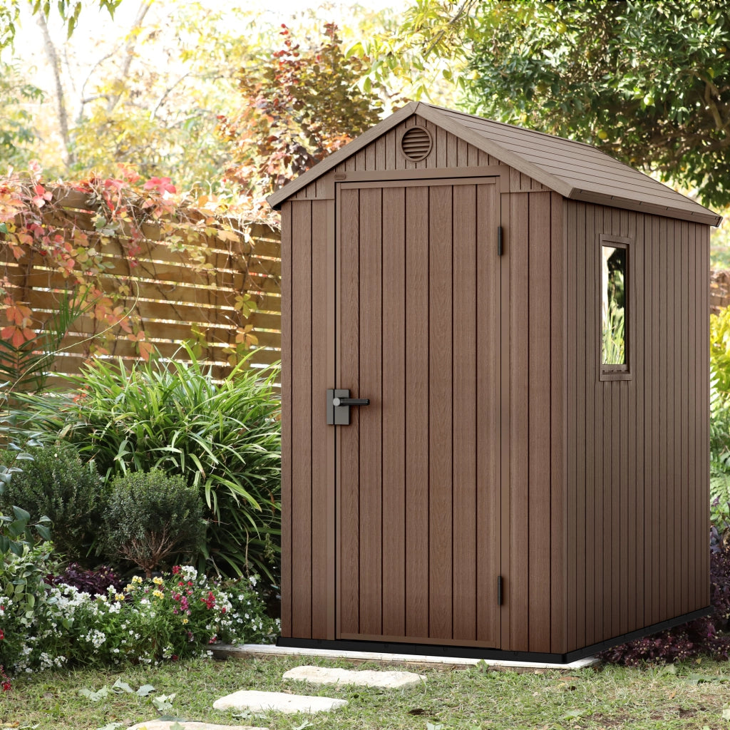 Darwin 4x6 - Casetta da Giardino 125,8x205,10x184,50 cm 1 Anta per deposito attrezzi finitura effetto legno Evotech+ in Resina Marrone