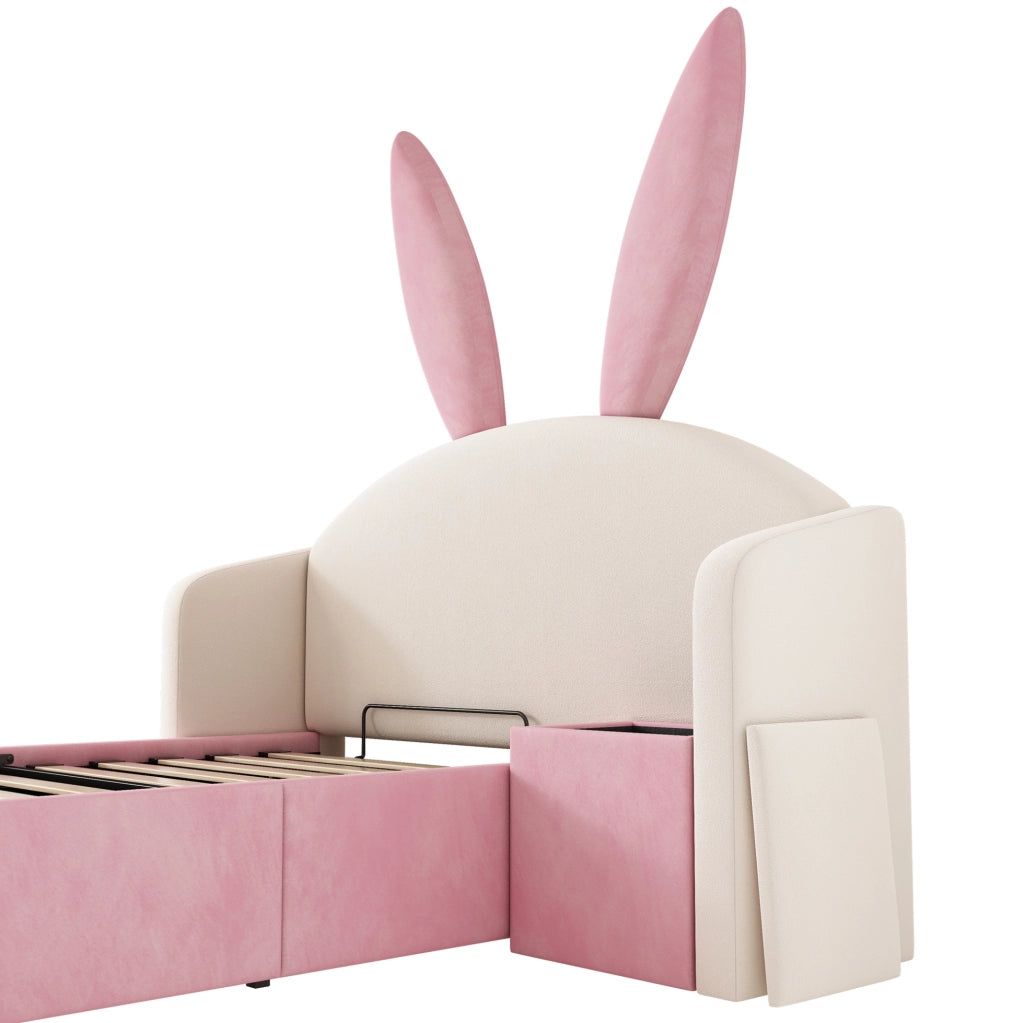 Letto imbottito 90 x 200 cm beige e rosa con contenitore e comodino