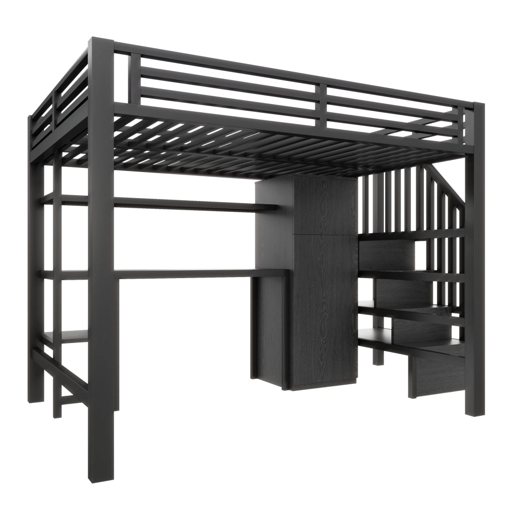 Letto a soppalco 140 × 200 cm con scrivania, scaffale, guardaroba e scala contenitore, senza materasso, nero