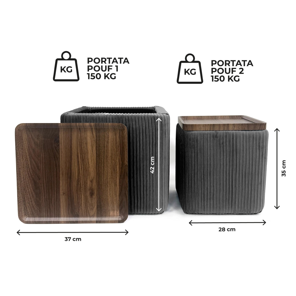 Set 2 Pouf Contenitore Quadrati in Velluto con Coperchio in Legno, Tavolino da Salotto Moderno, Pouf Contenitore Salvaspazio, Seduta Imbottita, Pouf Poggiapiedi Grigio Scuro