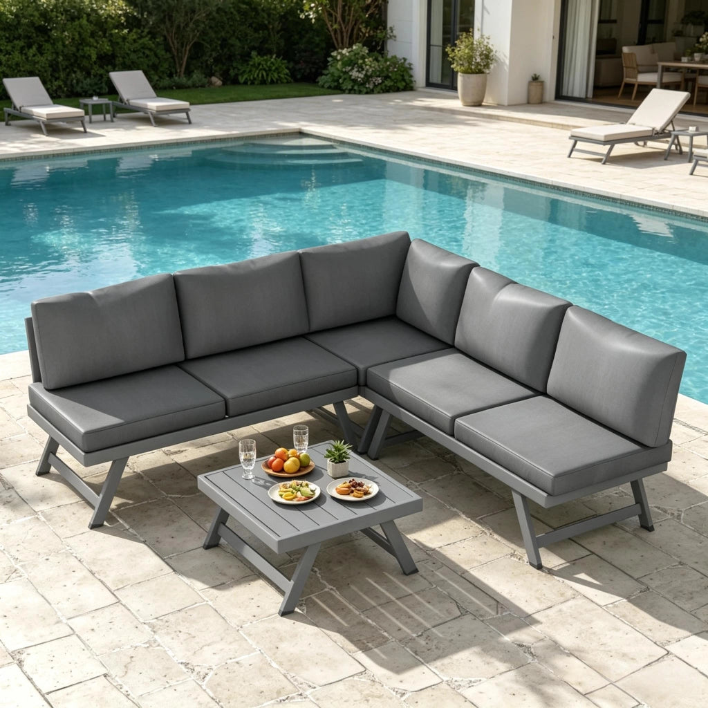 Set lounge da giardino 4 pezzi 5 posti in acciaio e alluminio grigio con cuscini e funzione reclinabile