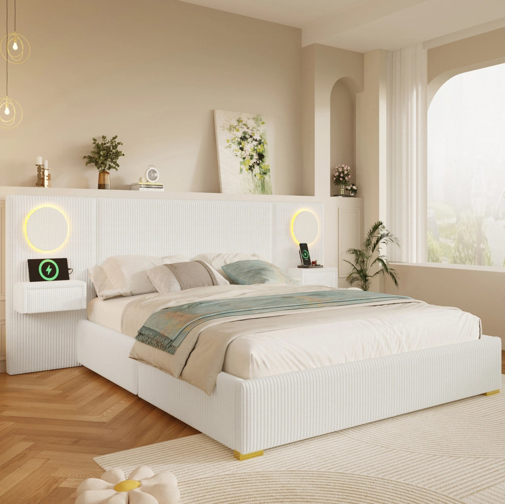 Letto imbottito beige 180x200 cm con LED, USB e comodini