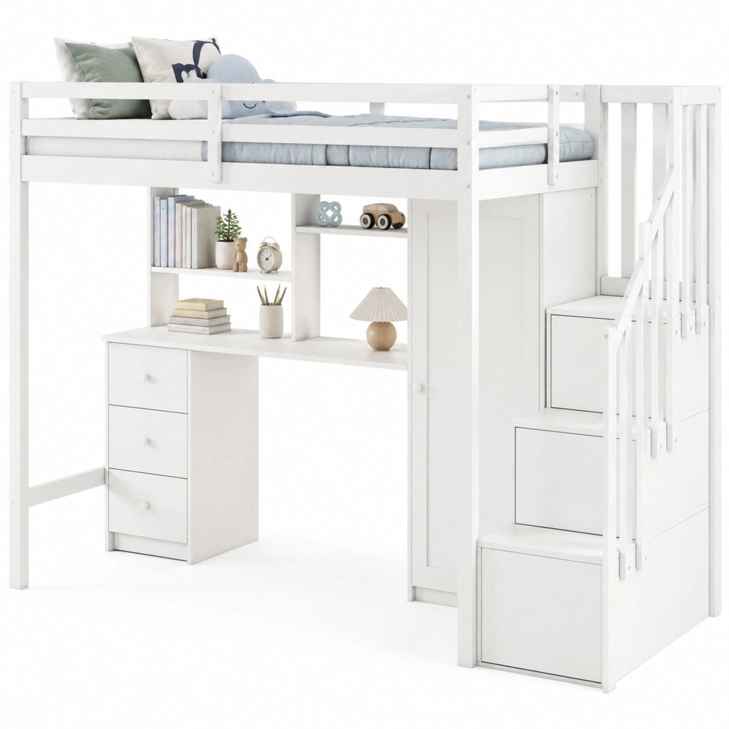 Letto a soppalco multifunzionale 90x200 cm con scrivania, armadio e cassetti, bianco
