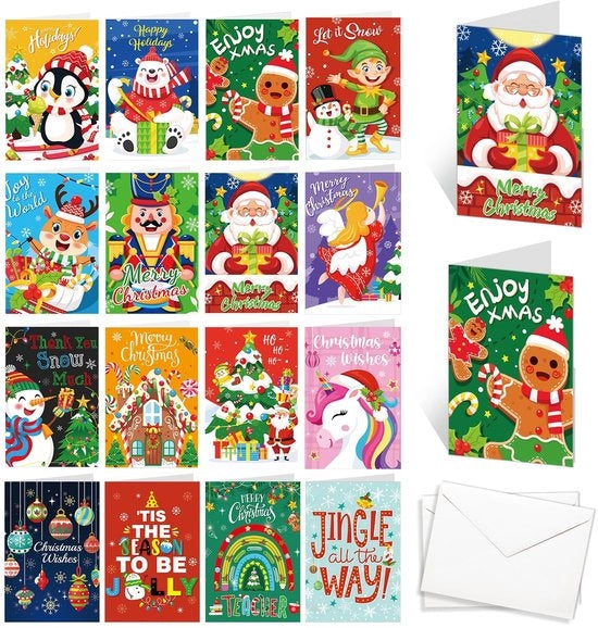 Set di Carte Natalizie da 32 pezzi - Carte Natalizie Mini - Carte di Augurio con Busta - Multicolore - 16 Progetti - 8 x 11 cm