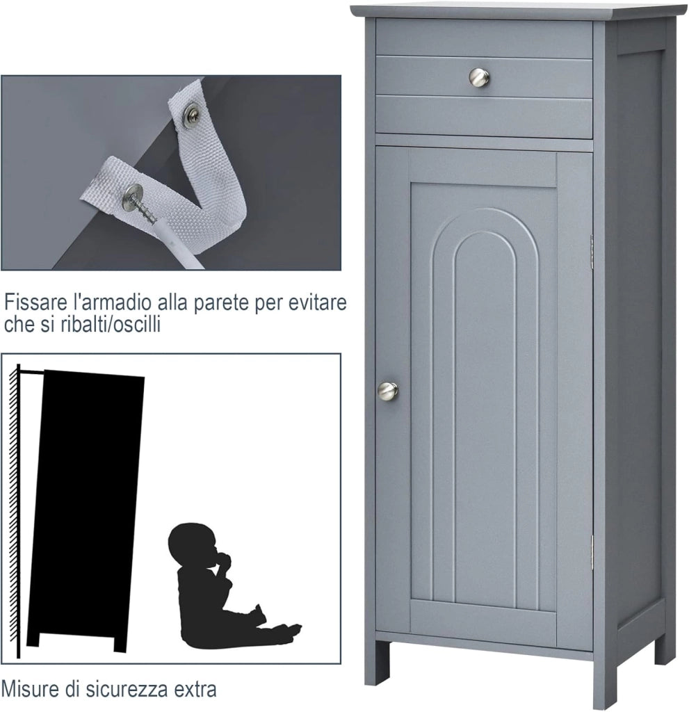 Mobile Bagno, Armadietto Salvaspazio con Cassetto e 2 Ripiani Regolabili, Mobiletto Multiuso in Legno per Soggiorno, Camera da letto e Ufficio, 36 x 30 x88cm (Grigio)