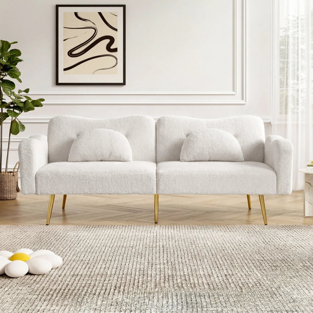 OKWISH Divano Letto 2 Posti, Schienali Regolabili in 3 Posizioni con 2 Cuscini, Tessuto Effetto Lana e Schiuma, Bianco