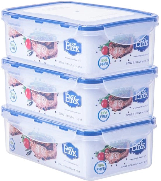 Contenitori alimentari a tre pezzi con coperchio, in plastica, riutilizzabili, 1,15 l, impermeabili, resistenti a microonde, congelatore e lavastoviglie, blu