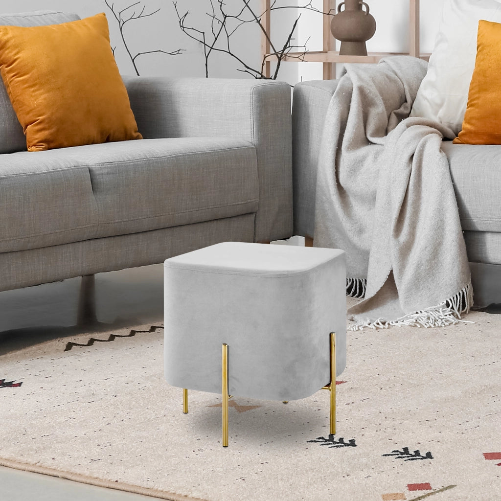 Pouf Poggiapiedi In Velluto Con Gambe Dorate Elegante Imbottito Sgabello Per Toeletta Mobile Trucco Ottomano Ingresso Tavolino Camera Da Letto Soggiorno Salotto Quadrato - Grigiochiaro