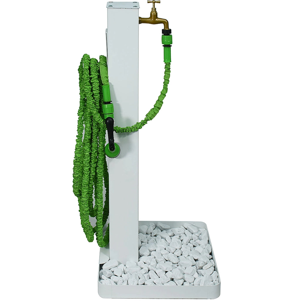 Fontana da Giardino con Rubinetto in Ottone e Base con Ciottoli 40x40x97 cm in Acciaio Bianco