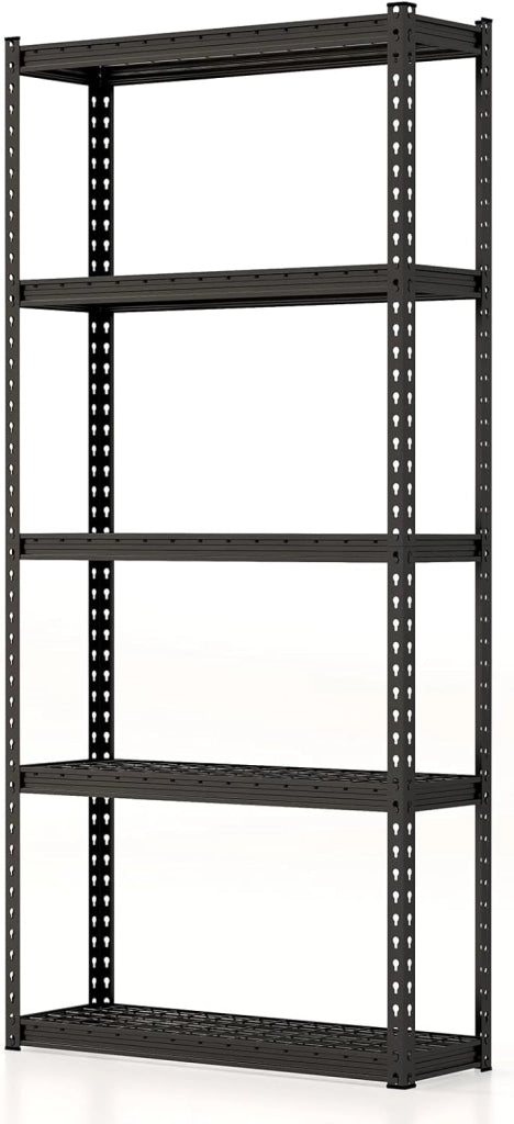 Scaffale portaoggetti a 5 ripiani, 90,2 x 30,5 x 182,9 cm in altezza, regolabile, in metallo, con dispositivo anti-ribaltamento, resistente, per magazzino, cantina, cucina, nero