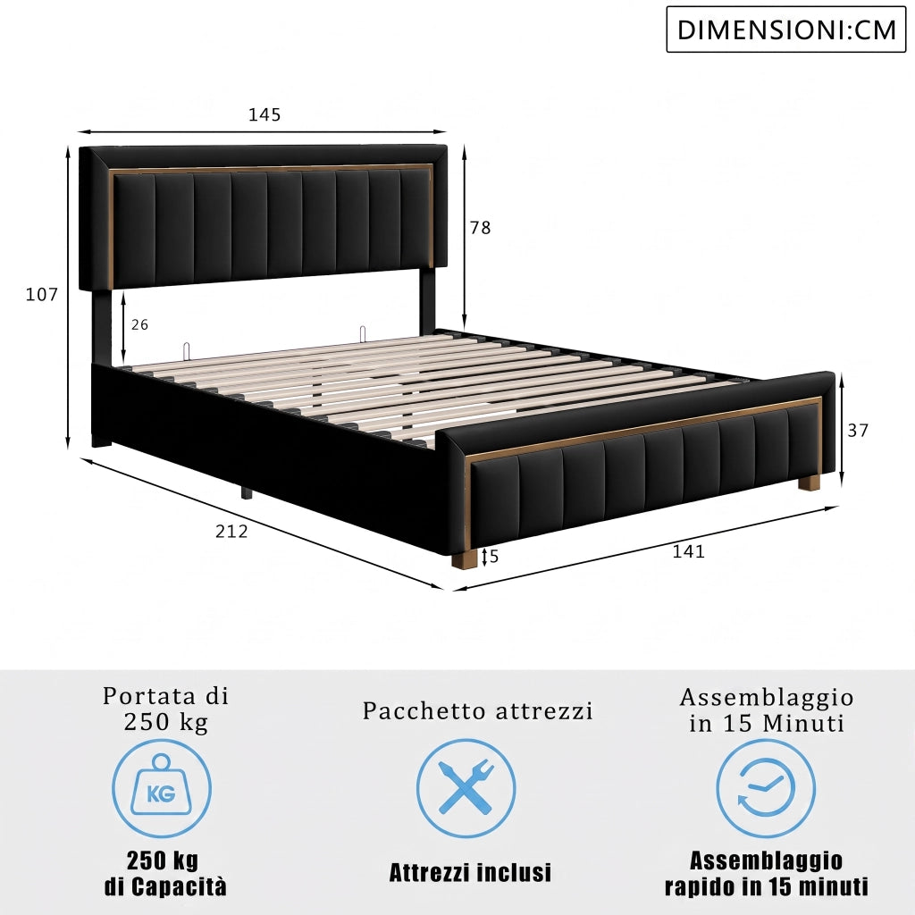 Letto matrimoniale con contenitore idraulico, velluto nero, testiera imbottita con finiture dorate, struttura robusta, dimensioni 140x200 cm, max portata 250 kg