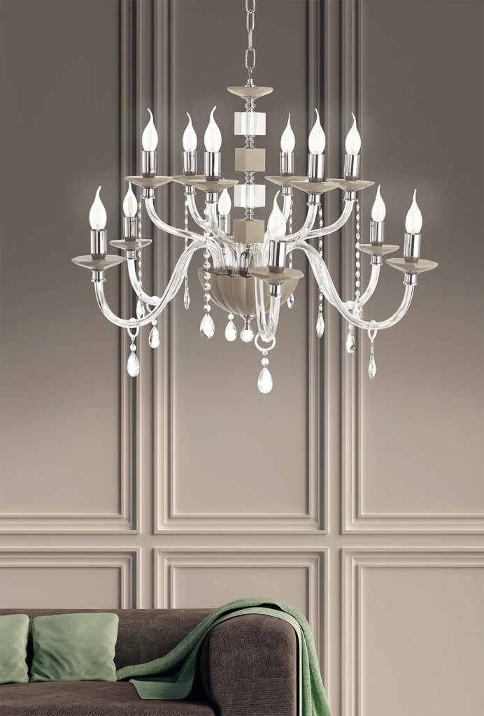 LAMPADARIO LIVIA 12 LUCI TORTORA- TRASPARENTE E CROMO ATTACCO E14 D.85CM