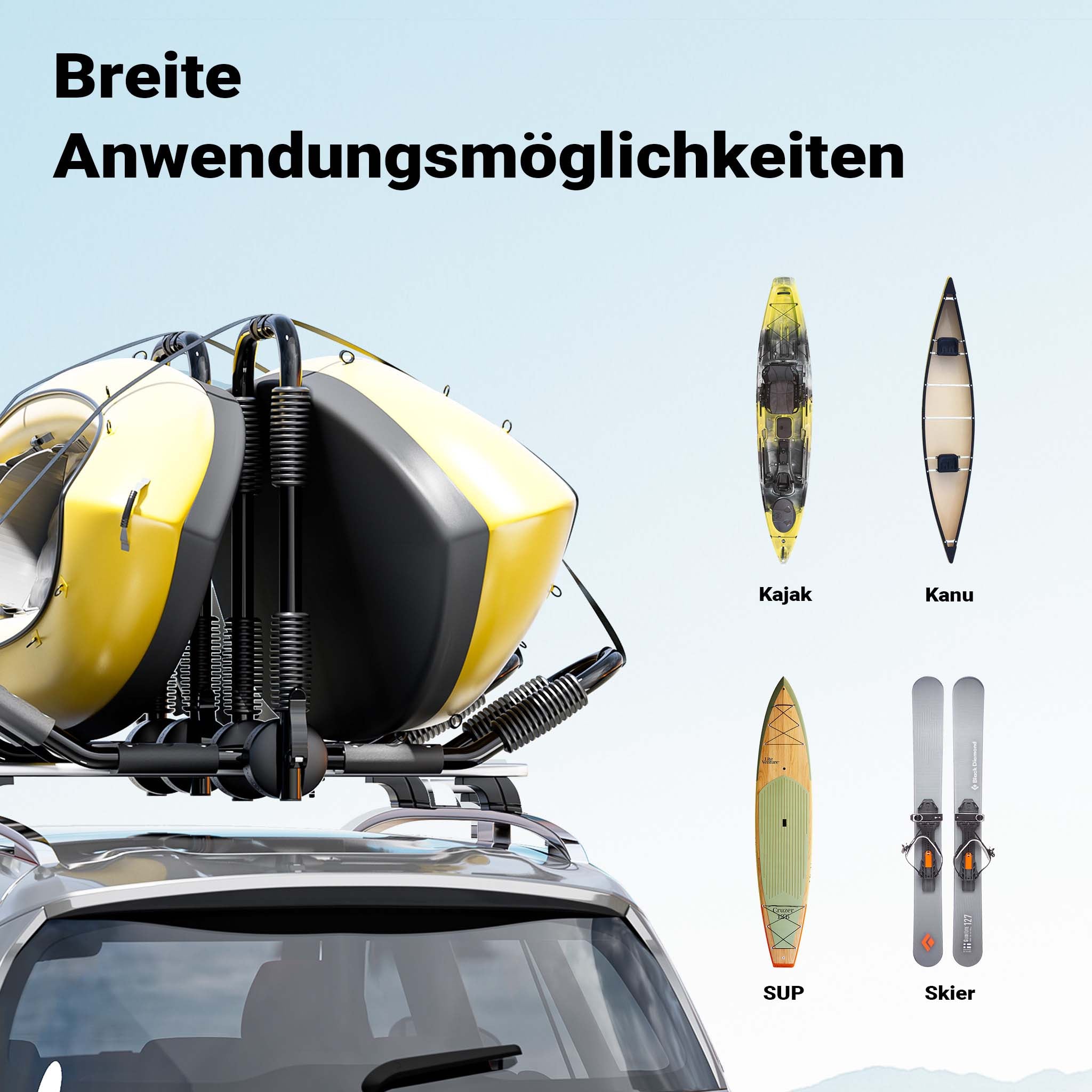 Porta kayak da auto a forma di J 2 pz. Ripiegabili In alluminio Porta canoa/kayak Cinghie incl.