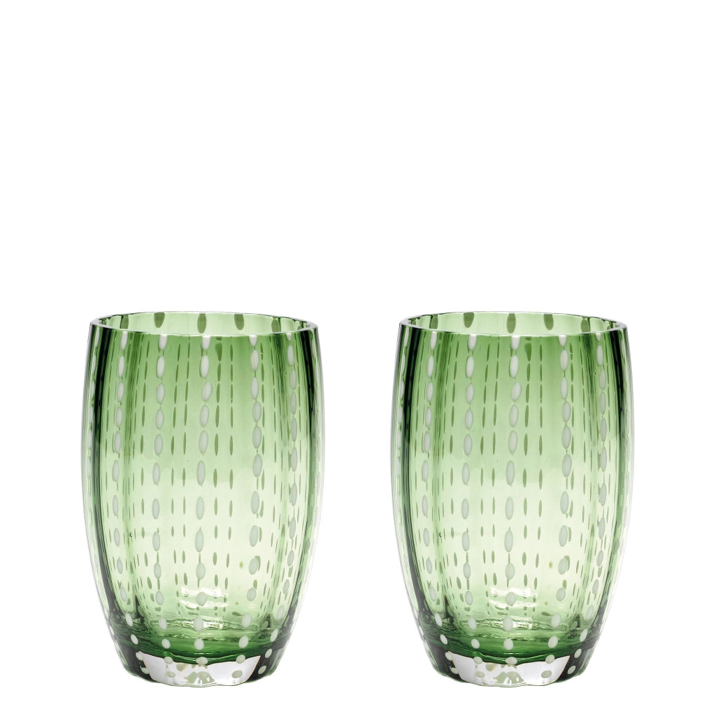 Zafferano Perle Bicchiere Verde inglese - Vetro Colorato Soffiato a Bocca, 32 cl, Lavorato a Mano - Set da 2 Tumblers Artigianali per Acqua o Cocktail
