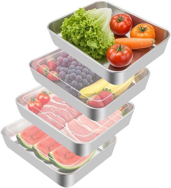Contenitori alimentari in acciaio inossidabile, 4 pezzi, con coperchio, contenitori per congelato, contenitori di stoccaggio per la cucina, adatti per il contenimento di formaggio, carne, frutta