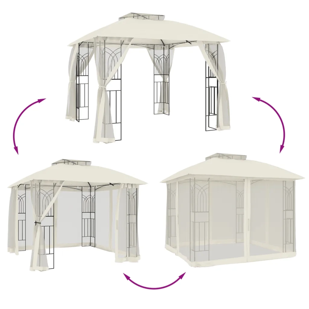 Gazebo con Tetto Doppio e Pareti Rete Crema 2,94x2,94 m Acciaio 368454