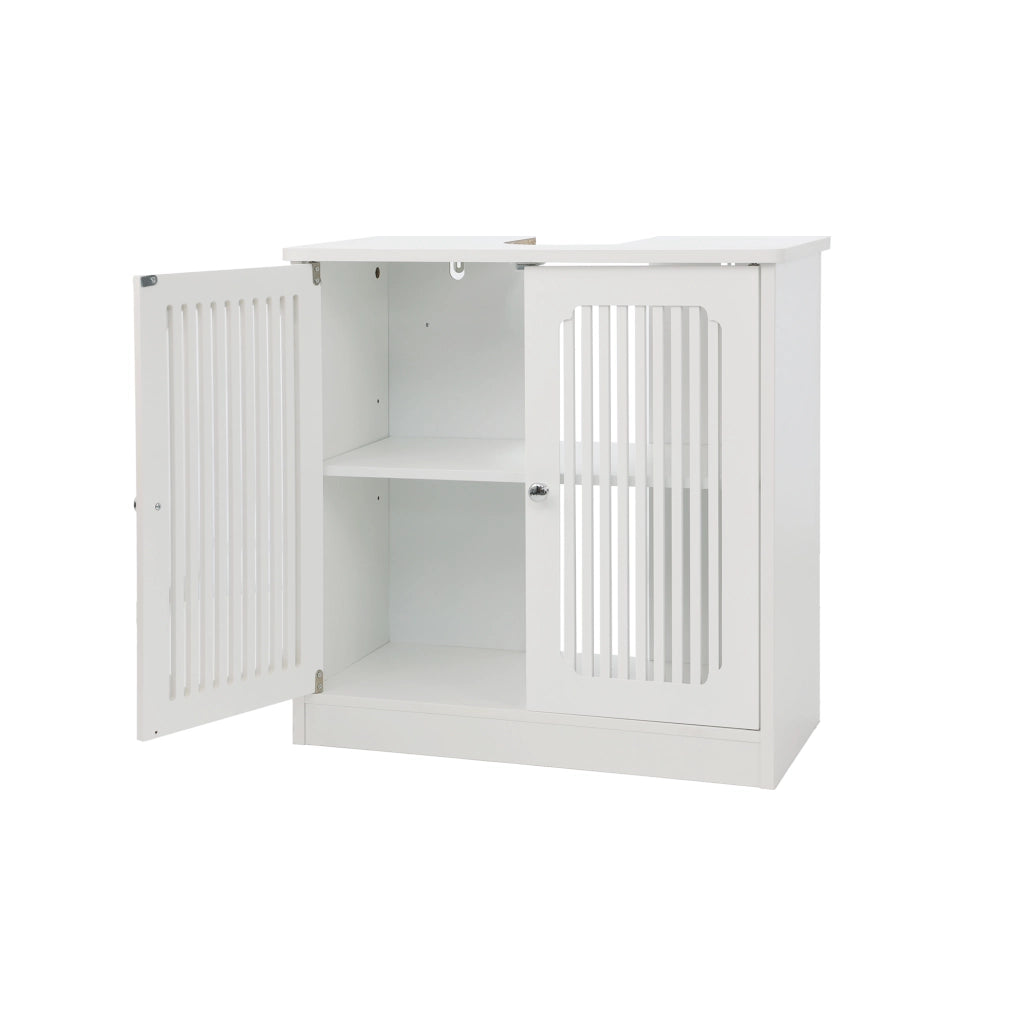 Mobile sottolavabo bagno bianco con 2 ante a lamelle e ripiano regolabile, in pannello truciolare, 70x35,3x14,5 cm