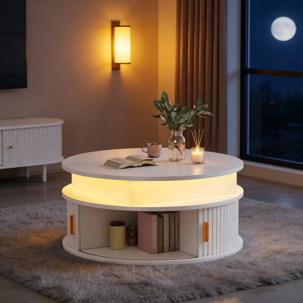 Tavolino basso sollevabile rotondo con LED e vano contenitore in MDF bianco per soggiorno 75 × 75 × 52 cm