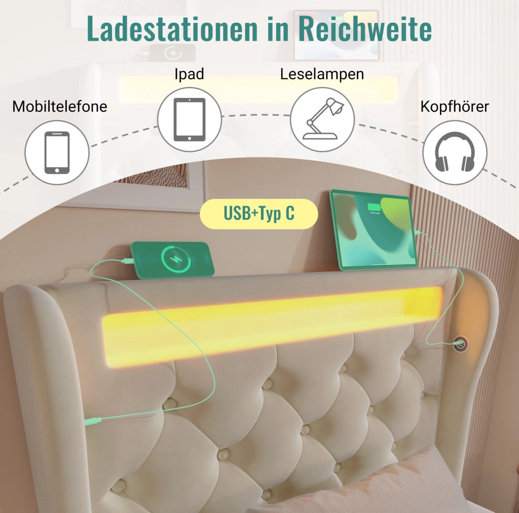 Letto singolo contenitore 90x200 cm in velluto beige con LED e USB-C