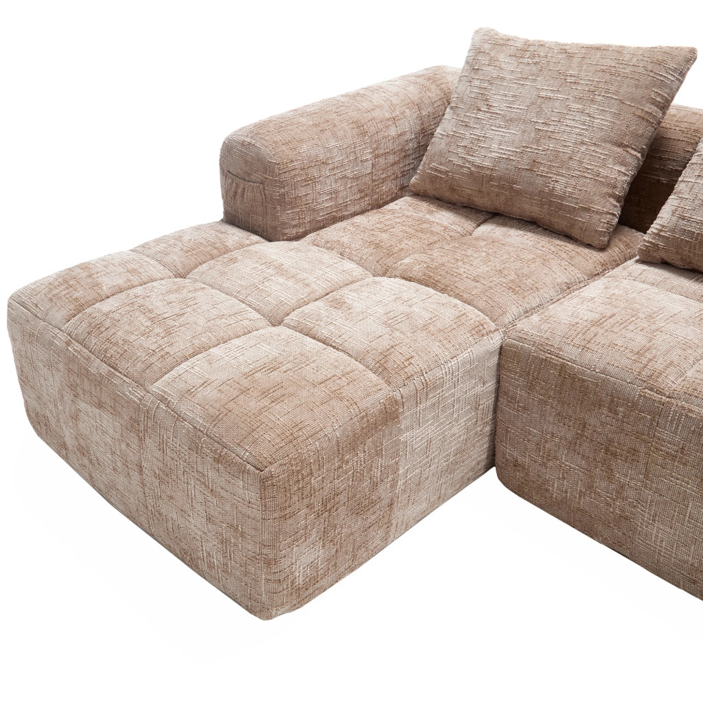 Divano Modulare con Chaise Longue 3 Posti con Tasche Laterali e 3 Cuscini, in Ciniglia, Cachi, 250 × 158 × 60 cm
