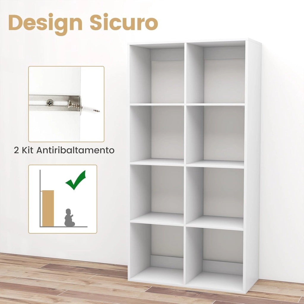 Libreria a 8 Cubi, Scaffale con Sbarra di Protezione Posteriore e Kit Anti-Ribaltamento, Organizer a 4 Livelli Autonomo con Ripiani per Soggiorno, Camera da Letto, Studio, 69,5 x 33 x 137 cm