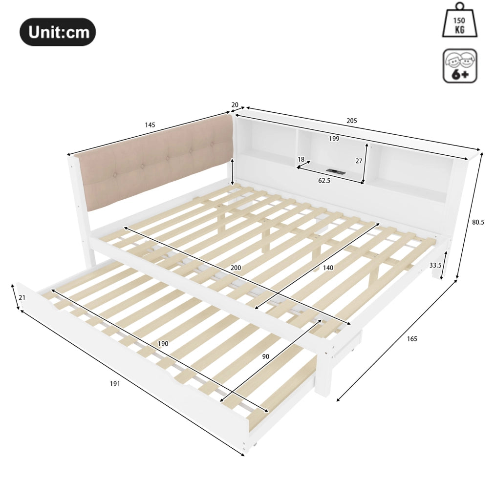 Letto daybed multifunzione 140x200 cm con letto estraibile, LED e USB
