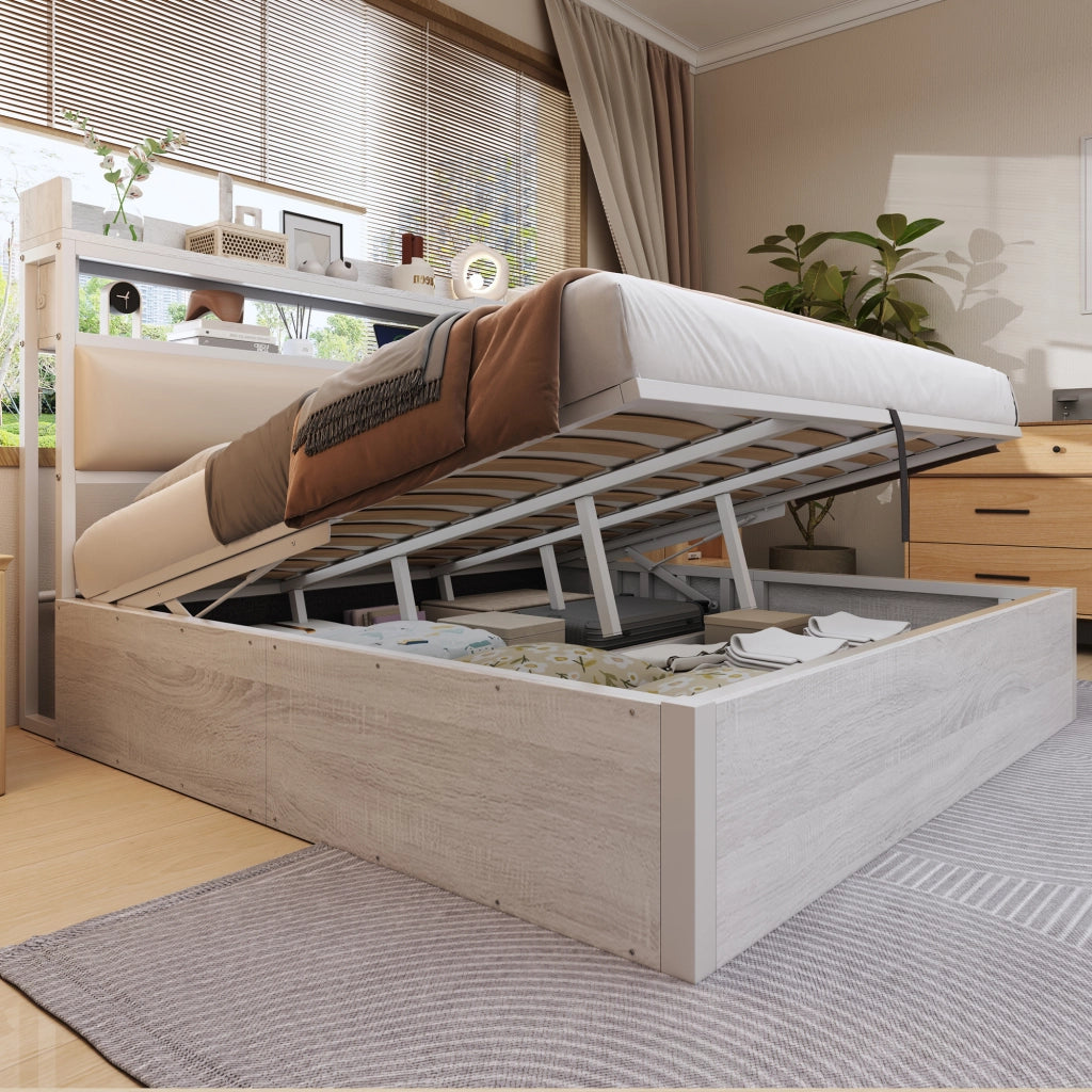 Letto Contenitore 180x200 cm; Matrimoniale - USB; Testiera con ripiano; Bianco