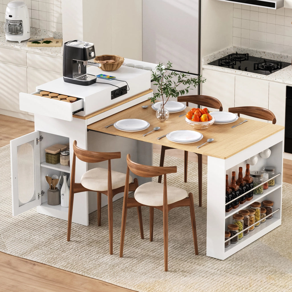 Tavolo da pranzo - isola cucina su ruote - piano pieghevole - bar con prese e ganci - bianco