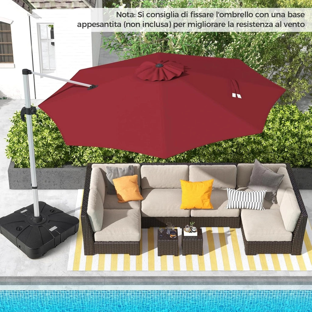 Ombrellone da Giardino 339 cm, Ombrello da Giardino Rotondo con Rotazione a 360°, Ombrellone da Giardino Inclinabile con Base, Ombrello da Sole per Giardino, Patio (Rosso)