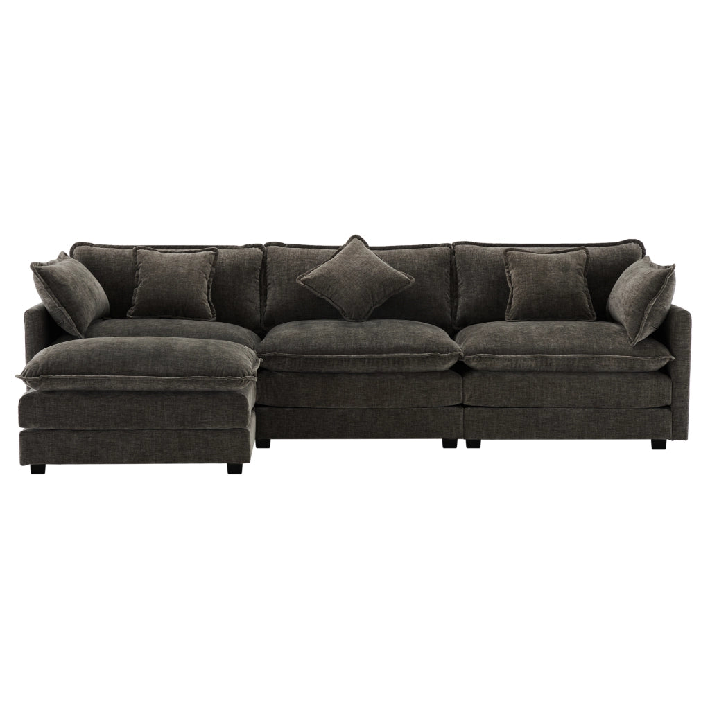 Divano angolare ULEVR 3 posti con pouf mobile, chaise longue configurabile e cuscini, ciniglia grigio scuro