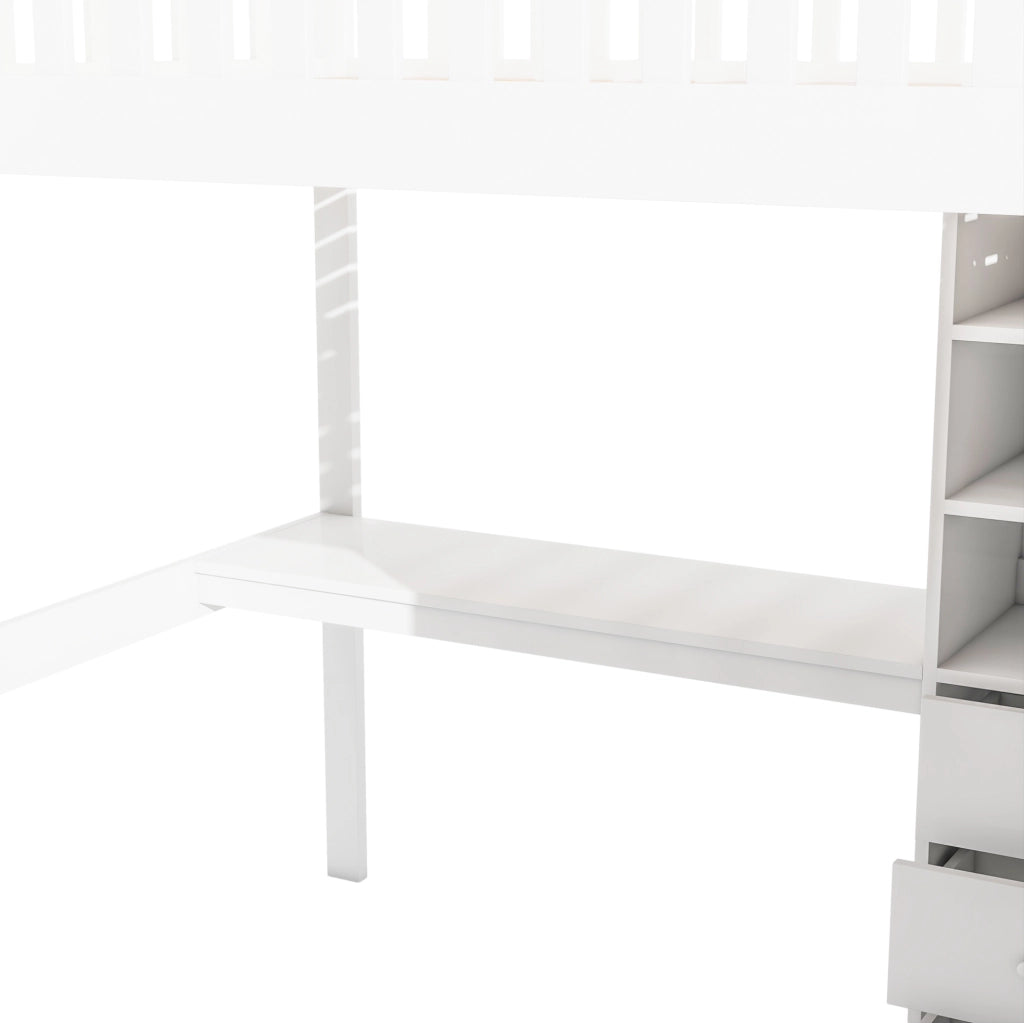 Letto a soppalco 140x200 cm in pino e MDF bianco con scrivania; armadio e cassetti