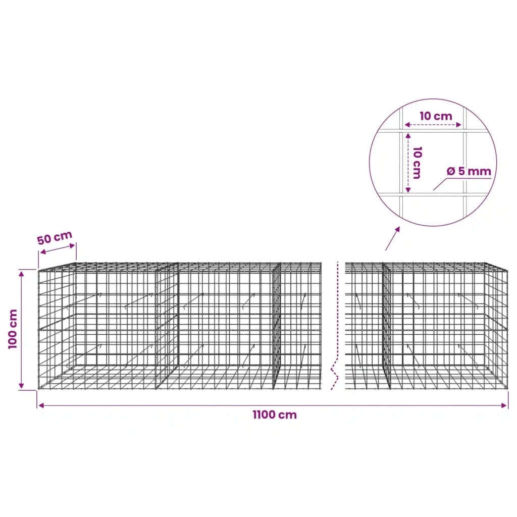 Gabione con Filo da 5 mm e Rete da 10x10 cm 1100x50x100 cm 3465232
