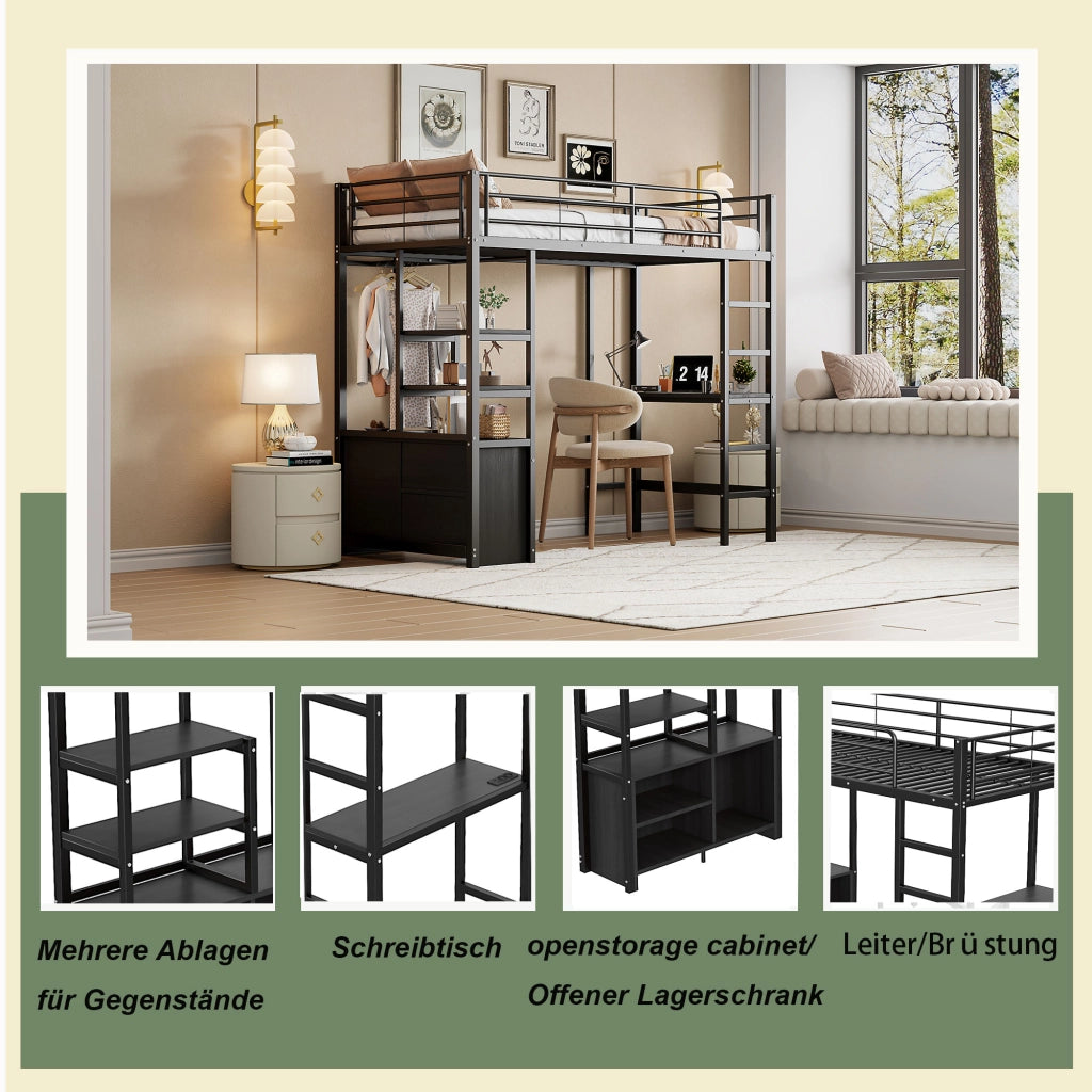 Letto a castello nero in metallo con scrivania presa usb 90x200 cm
