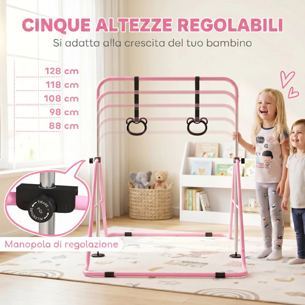 Sbarra Ginnastica Artistica per Bambini ad Altezza Regolabile con 2 Anelli, in Acciaio, 148x105x88-128 cm, Rosa