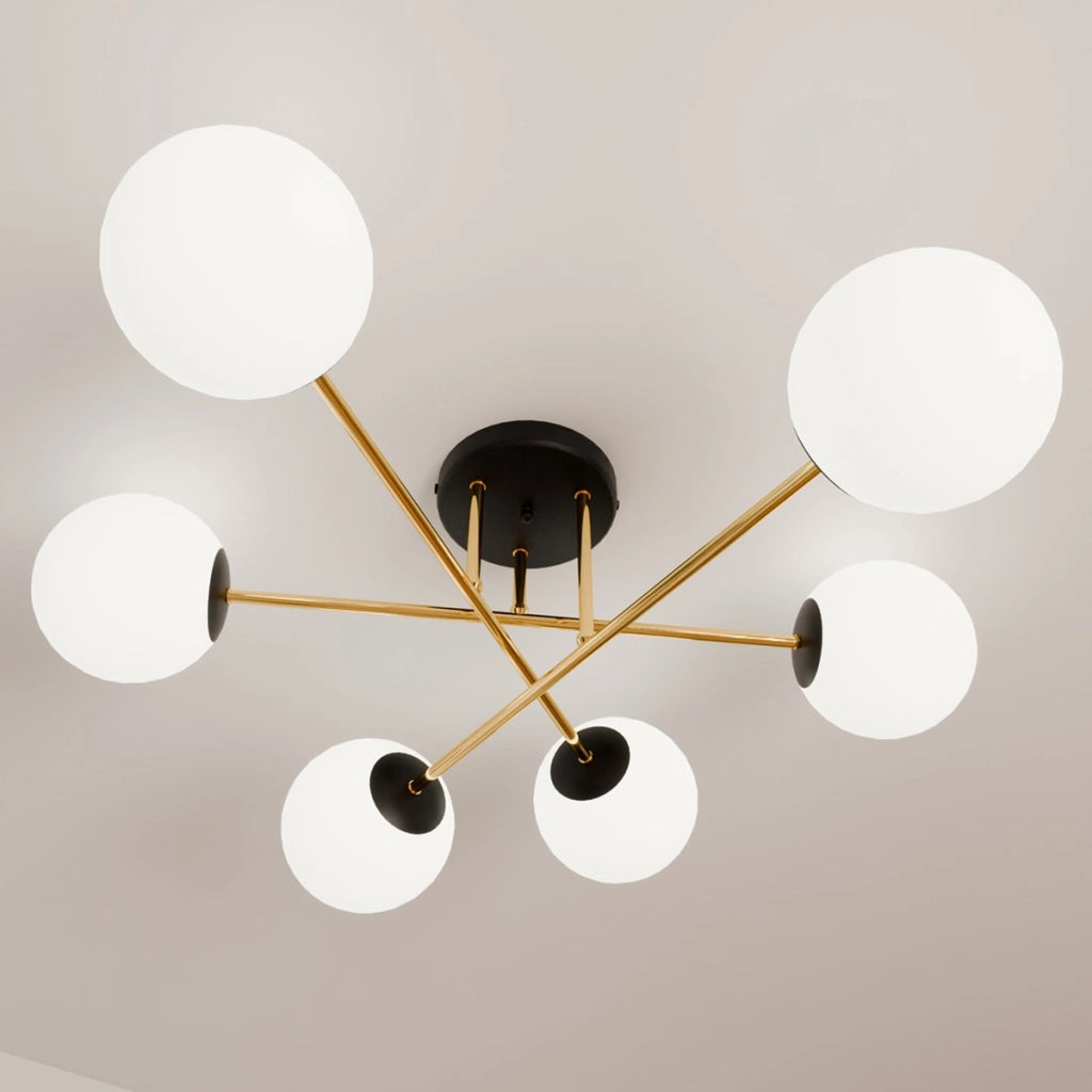 Lampada a sospensione Magnum in acciaio nero e oro con sfere in vetro bianco