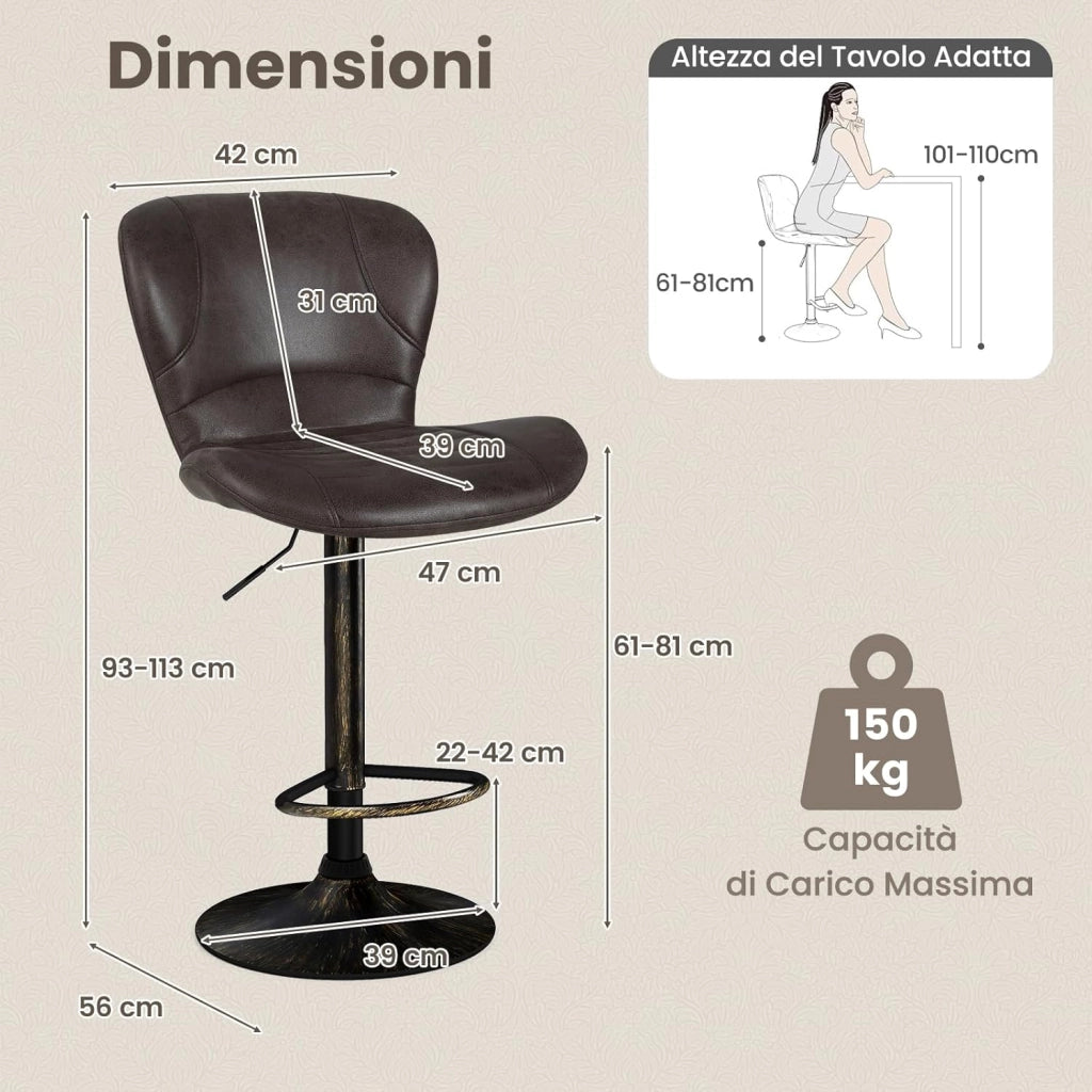 Set di 2 Sgabelli da Bar Moderno in Similpelle, Regolabile e Girevole a 360°, Sgabelli da Cucina con Schienale, Poggiapiedi, Sgabello Struttura in Metallo Stile Vintage da Casa (Marrone)