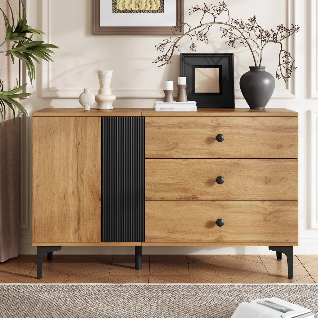 Credenza Moderna Legno e Nero Mobile Buffet 120 cm con 3 Cassetti e Anta