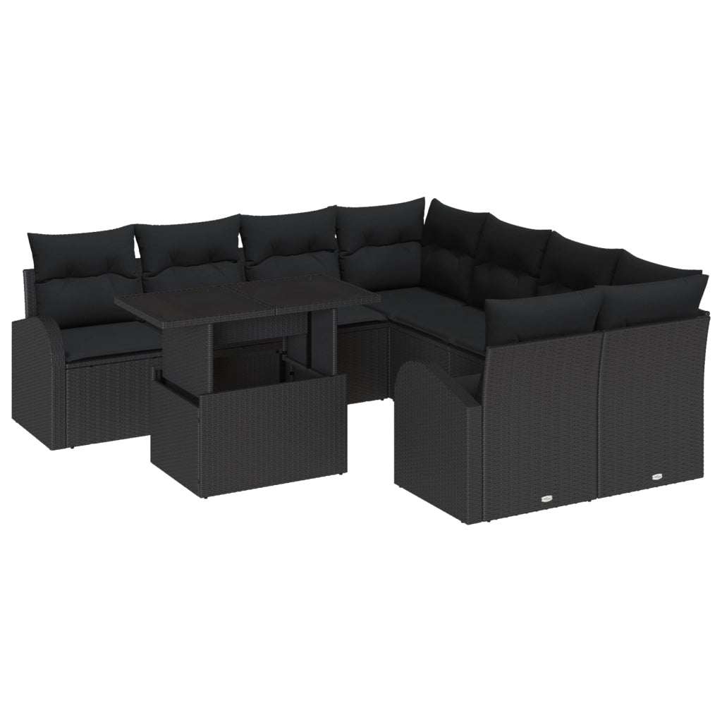 Set divano da giardino 9 pezzi con cuscini rattan nero