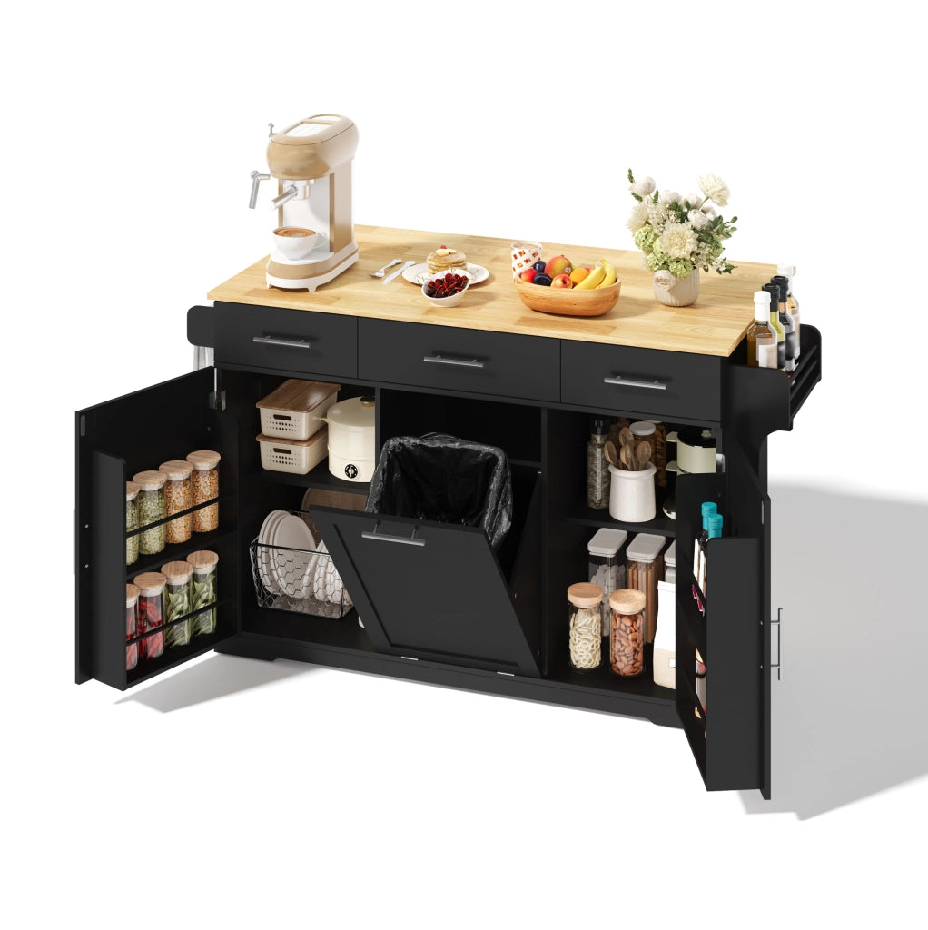 Isola da cucina mobile 136 x 75 x 92 cm in MDF nero e naturale; con prese integrate e 3 cassetti