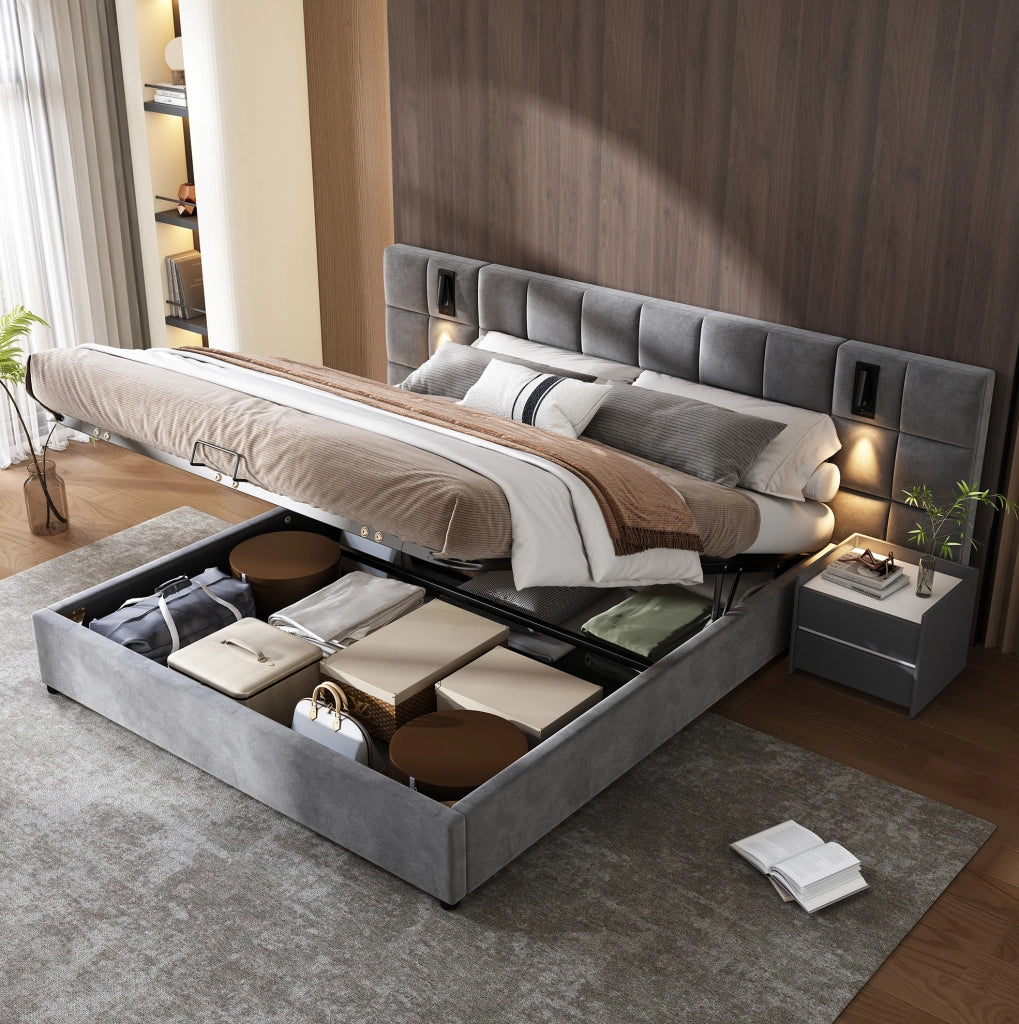 Letto matrimoniale imbottito 180x200 cm grigio con contenitore; lampada da lettura e USB
