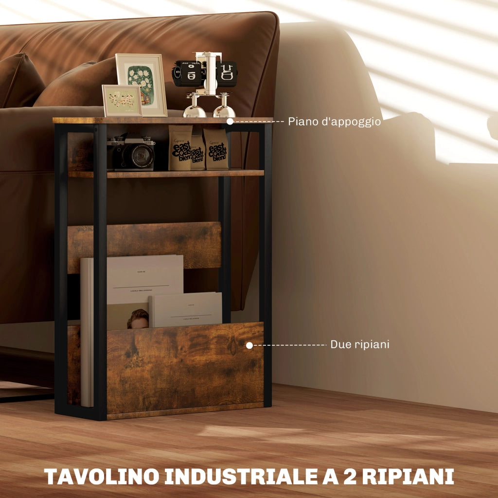 Tavolino da Soggiorno in Stile Industriale con 2 Ripiani, in Legno e Metallo, 46x18x58.5 cm, Marrone
