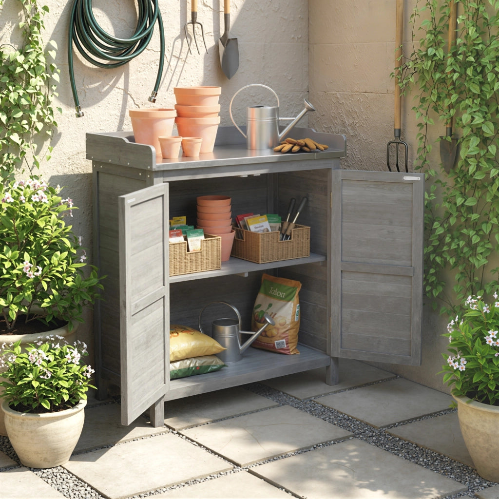Armadio da giardino con tavolo da lavoro ¨C Minimal ¨C 2 ripiani, grigio