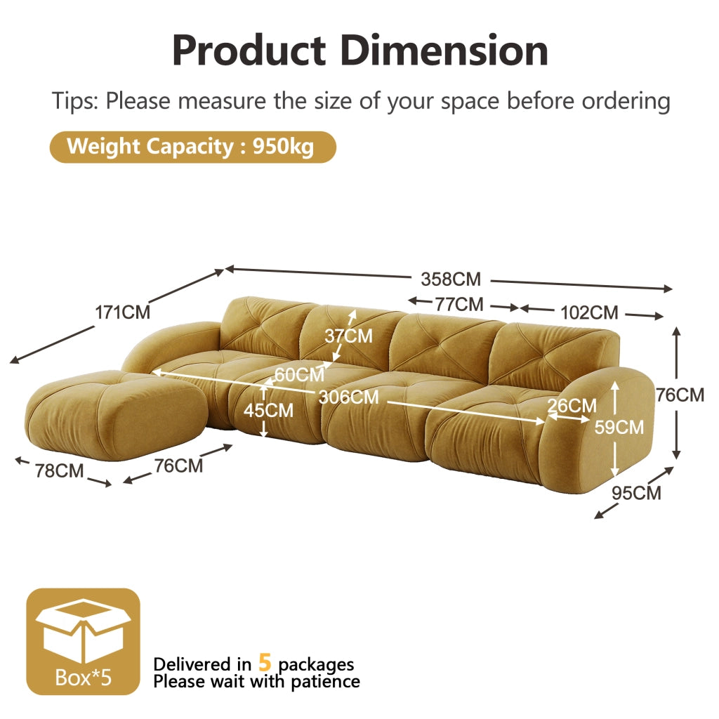 Divano angolare modulare a 4 posti senza montaggio con base antiscivolo in chenille gialla 358 × 171 × 76 cm