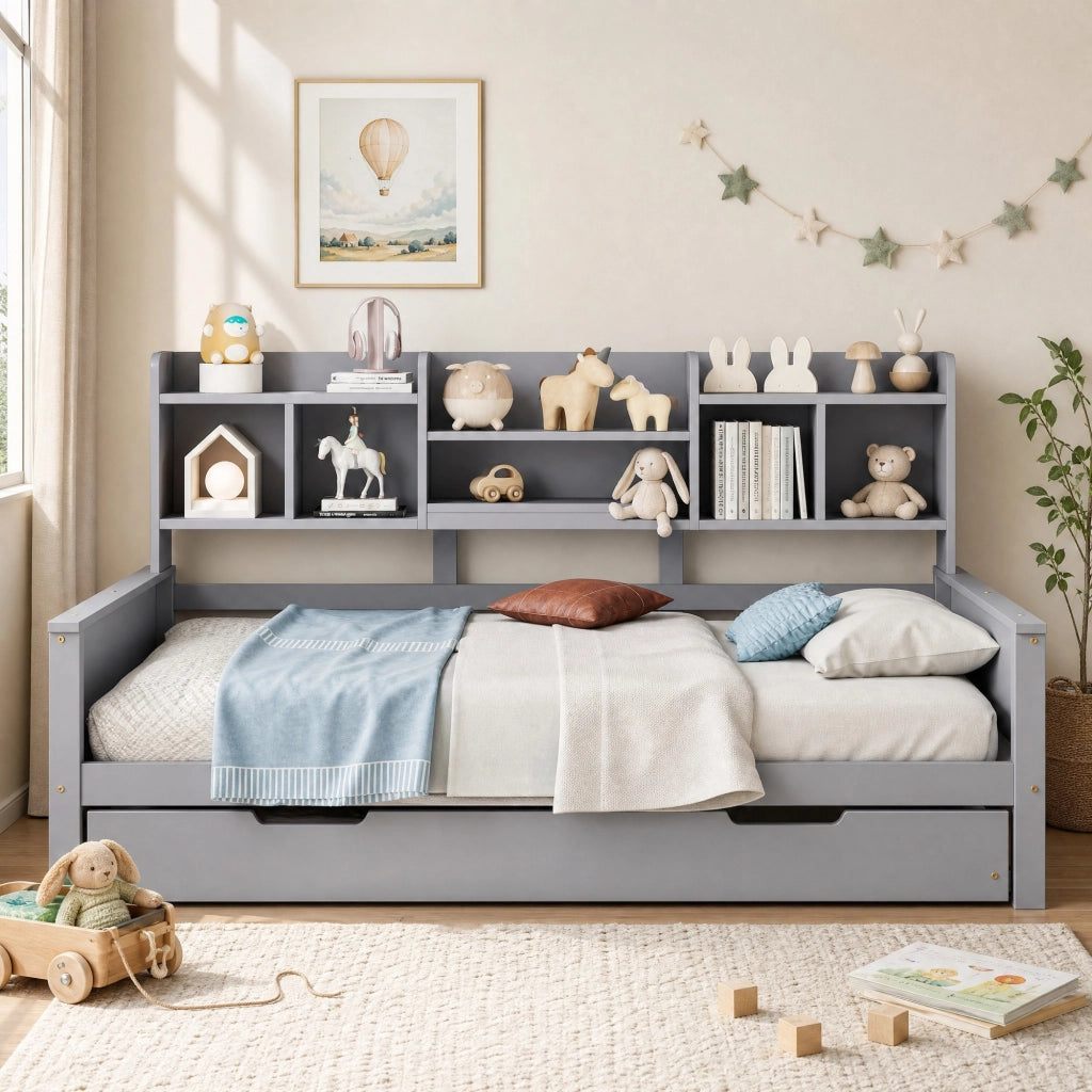 Letto multifunzionale con letto estraibile 90x200 cm; scomparti portaoggetti; grigio