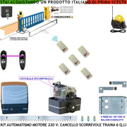 CANCELLO SCORREVOLE 6 Q.LI KIT AUTOMATISMO MOTORE 220 V 5 RADIOCOMANDI 6 CREMAGLIERE ACCIAIO SELETTORE FOTOCELLULE FARO ANTENNA